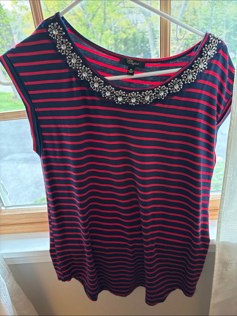 Cupio Navy and Red Striped Tank with Jeweled Scoop Neck